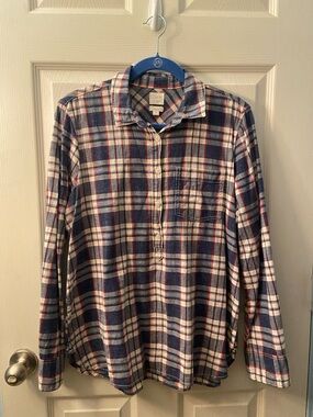 J. Crew Plaid 3/4 Button-Down Shirt in Navy, White and Red